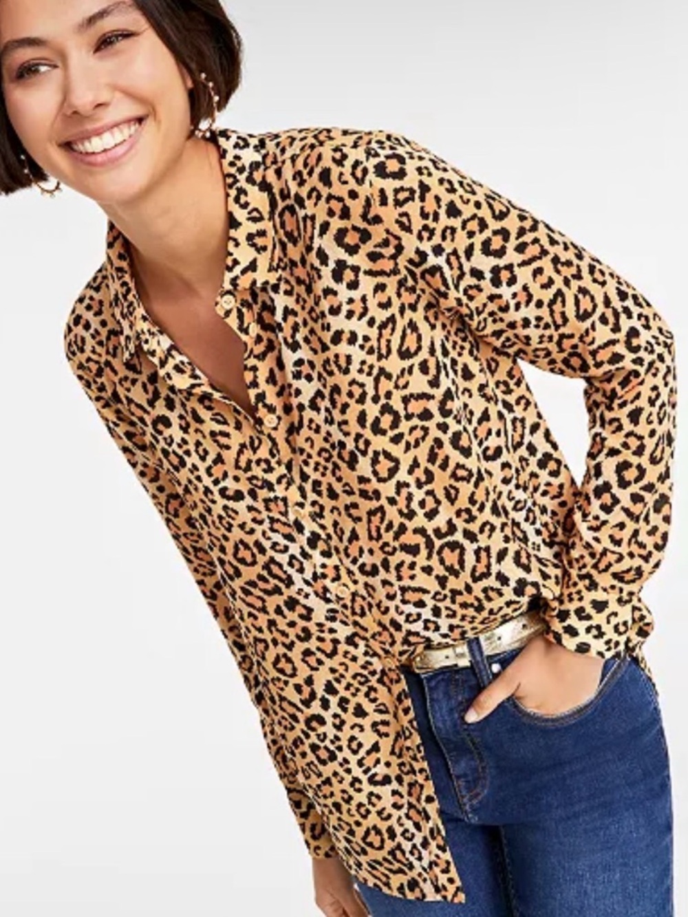Leopard Print Button-Down Shirt in Tan/Black
